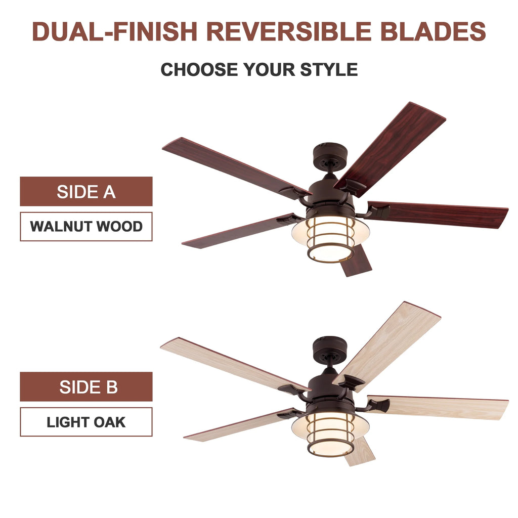 Simpol 52" Prominent Indoor Ceiling Fan with LED Light, Pull Chain and Remote Control, Reversible AC Motor, Walnut/Silver Reversible Blades and Satin Nickel Finish