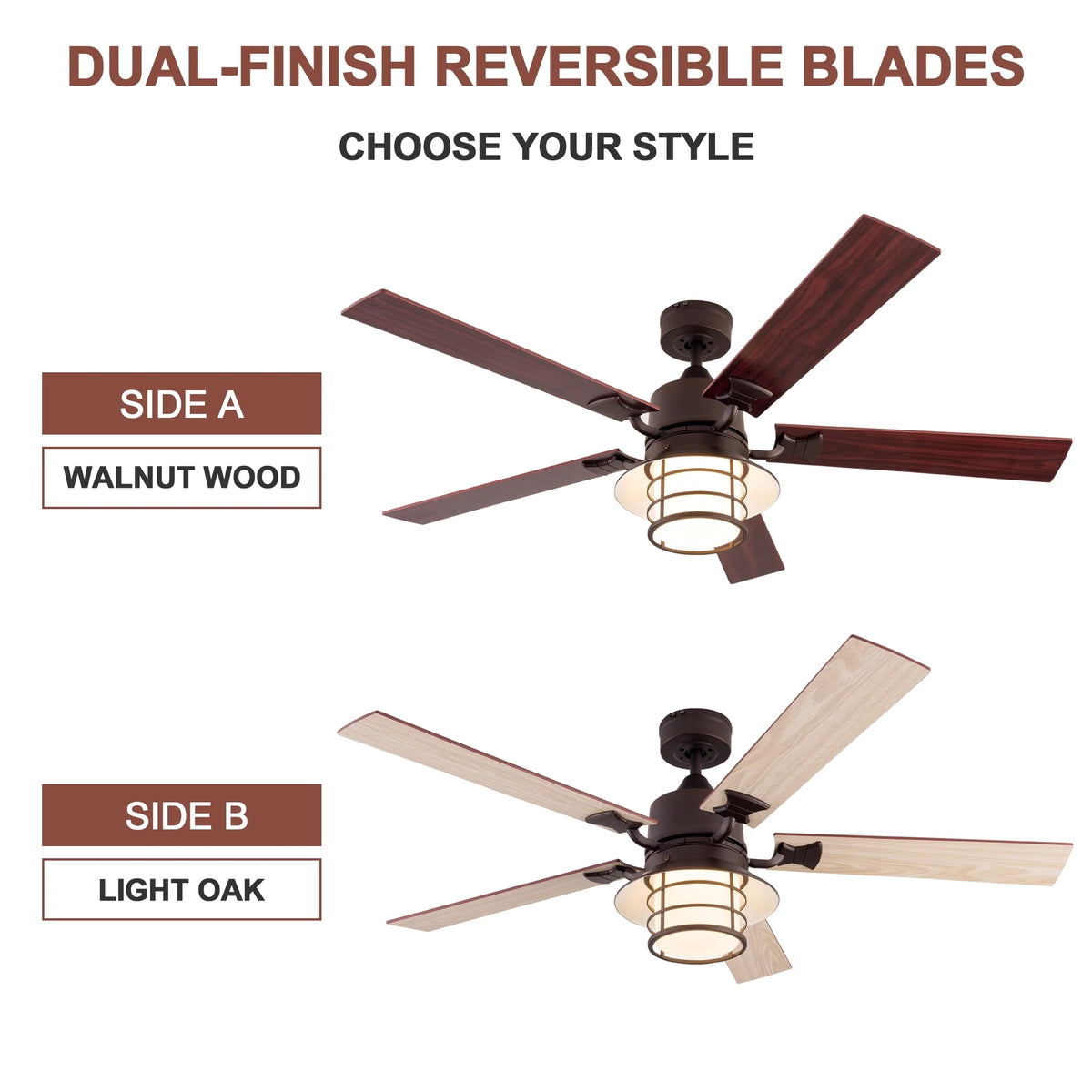 Simpol 52" Prominent Indoor Ceiling Fan with LED Light, Pull Chain and Remote Control, Reversible AC Motor, Walnut/Silver Reversible Blades and Satin Nickel Finish