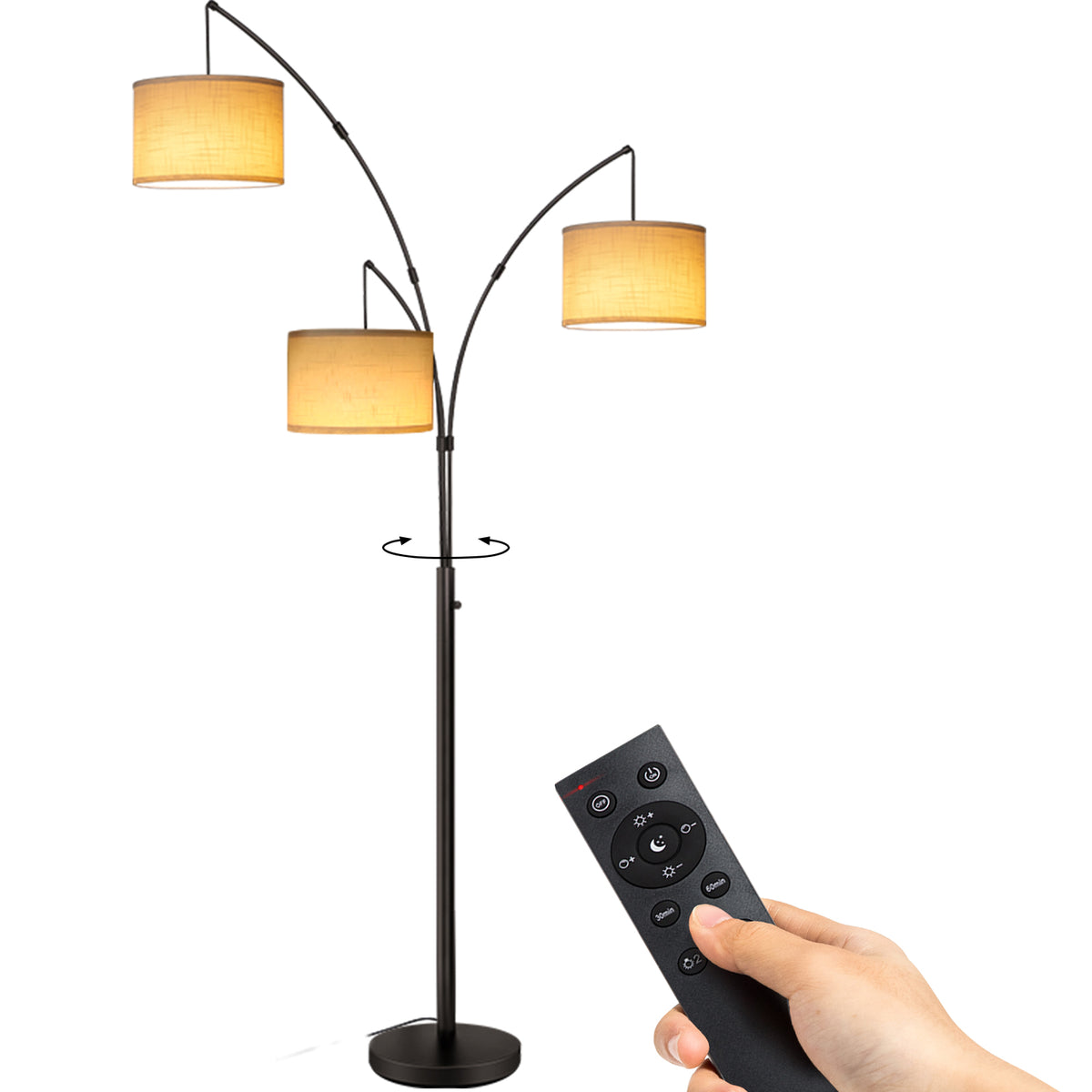 Netin 80 3-Light Modern Dimmable Black Arc Floor Lamp with Beige Shades