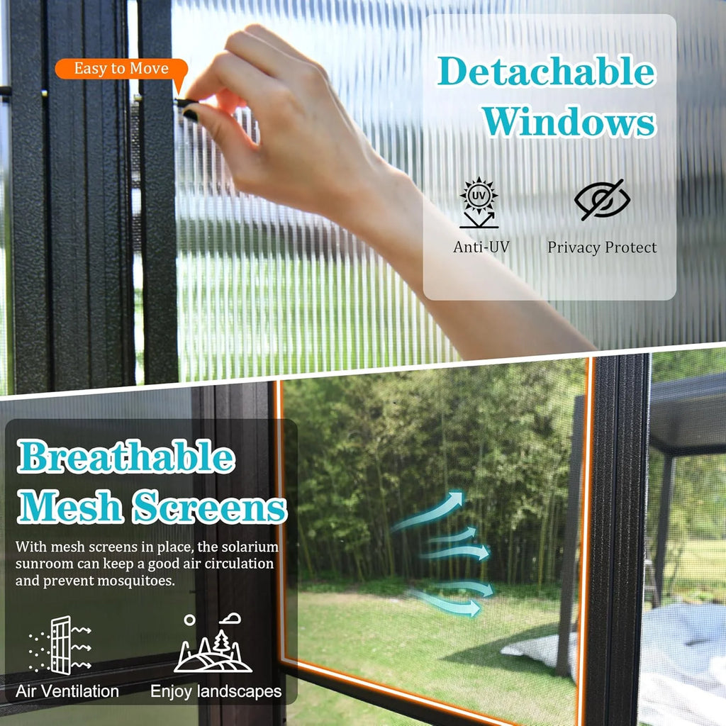 TOTAL Outdoor 10'x12' All-Season Sunroom Gazebo with Steel Roof, PVC Screen, Front & Side Door, Brown