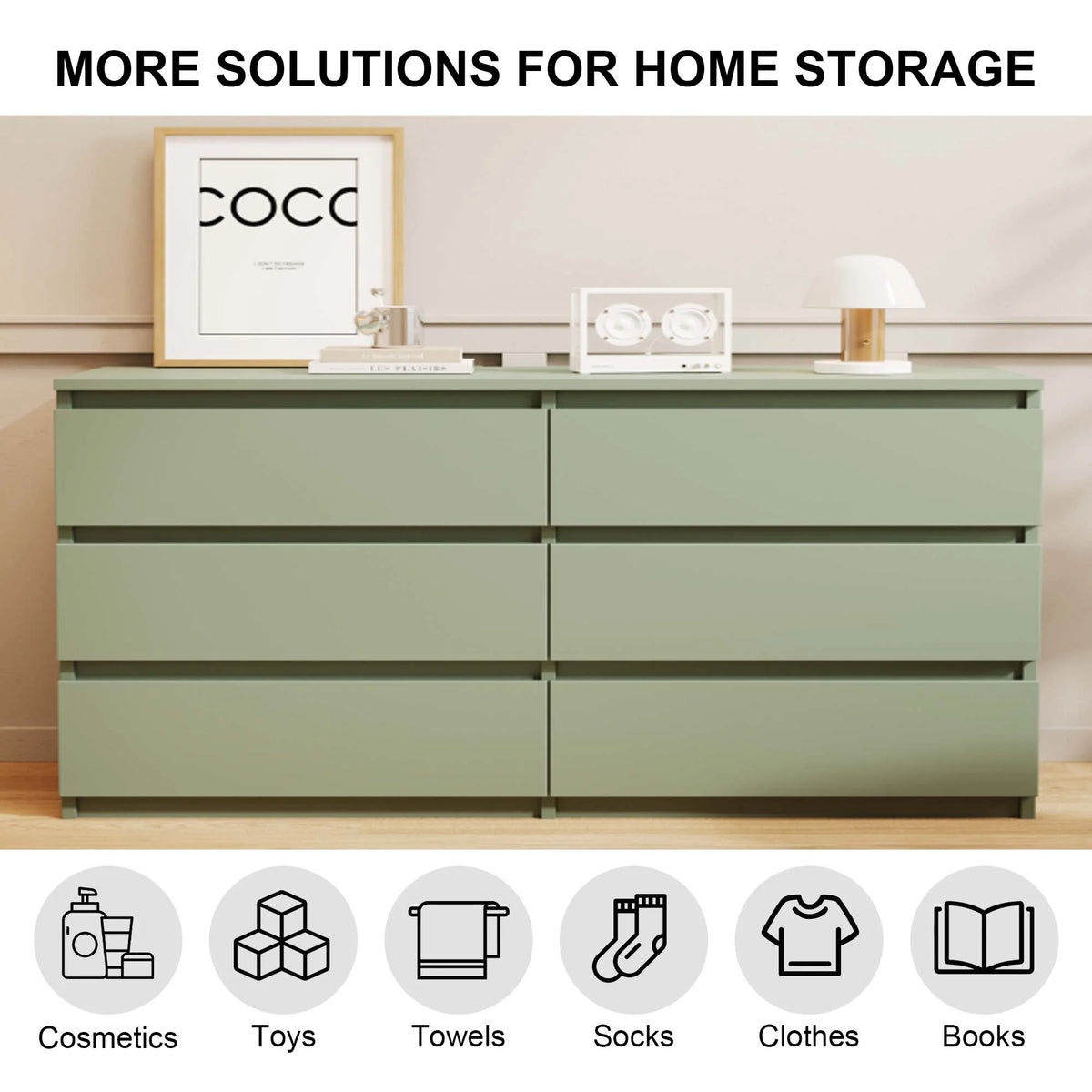 Aukfa Modern 6-Drawer Dresser Chest of Drawers Storage Cabinet for Bedroom Living Room, Green