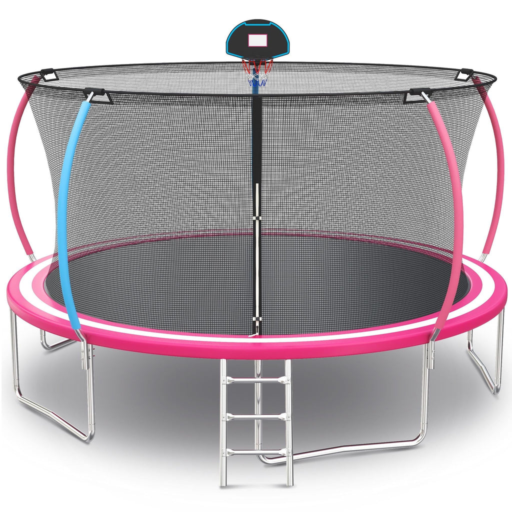 Trampoline Outdoor, 14FT Kids Trampoline with Enclosure Net and Ladder, Upgrade All-Weather Round Trampoline Curved Design with 5 Heavy-Duty Steel Legs