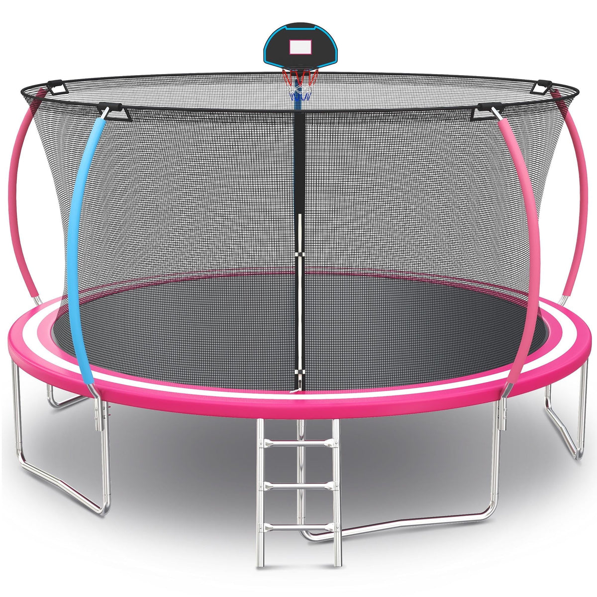 Trampoline Outdoor, 14FT Kids Trampoline with Enclosure Net and Ladder, Upgrade All-Weather Round Trampoline Curved Design with 5 Heavy-Duty Steel Legs