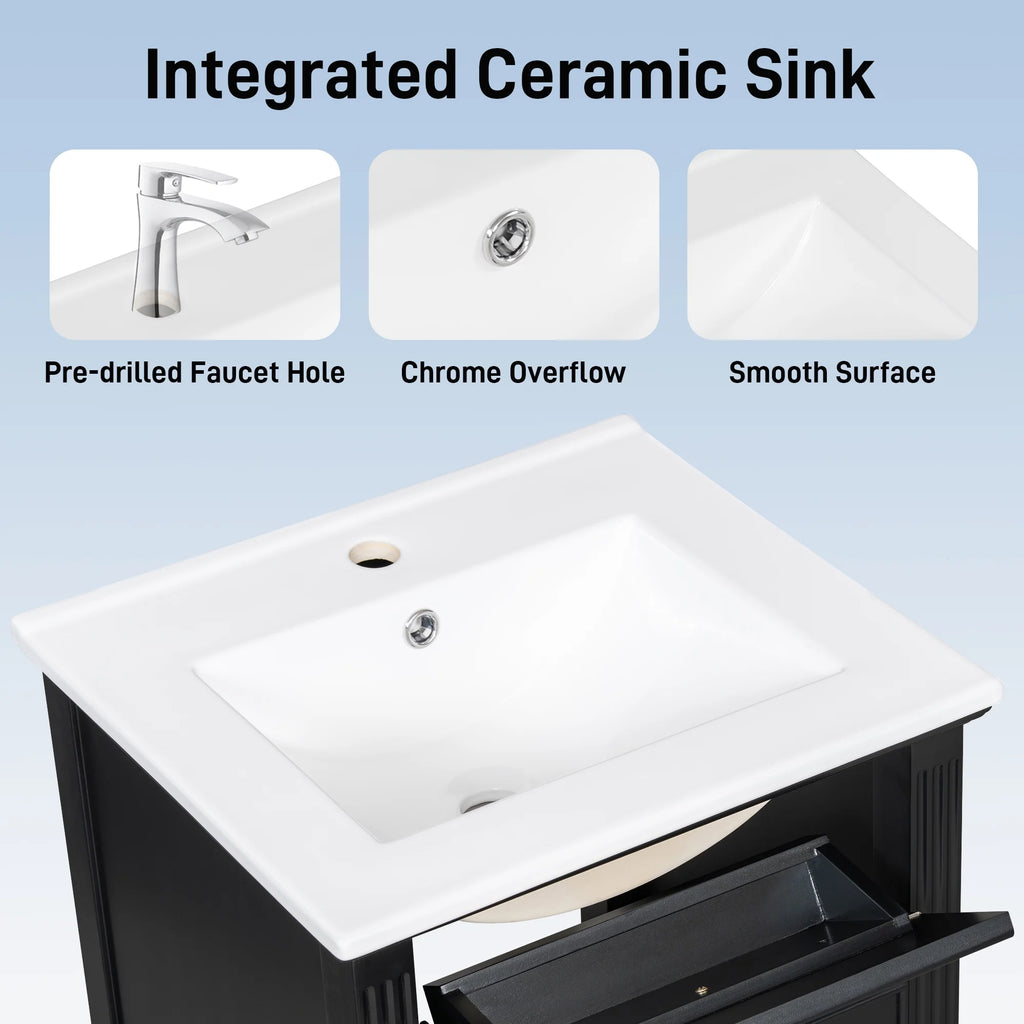 Euroco 20" Bathroom Vanity with Integrated Ceramic Sink, Soft-Close Hinges and Drawer Storage, Solid Wood Legs