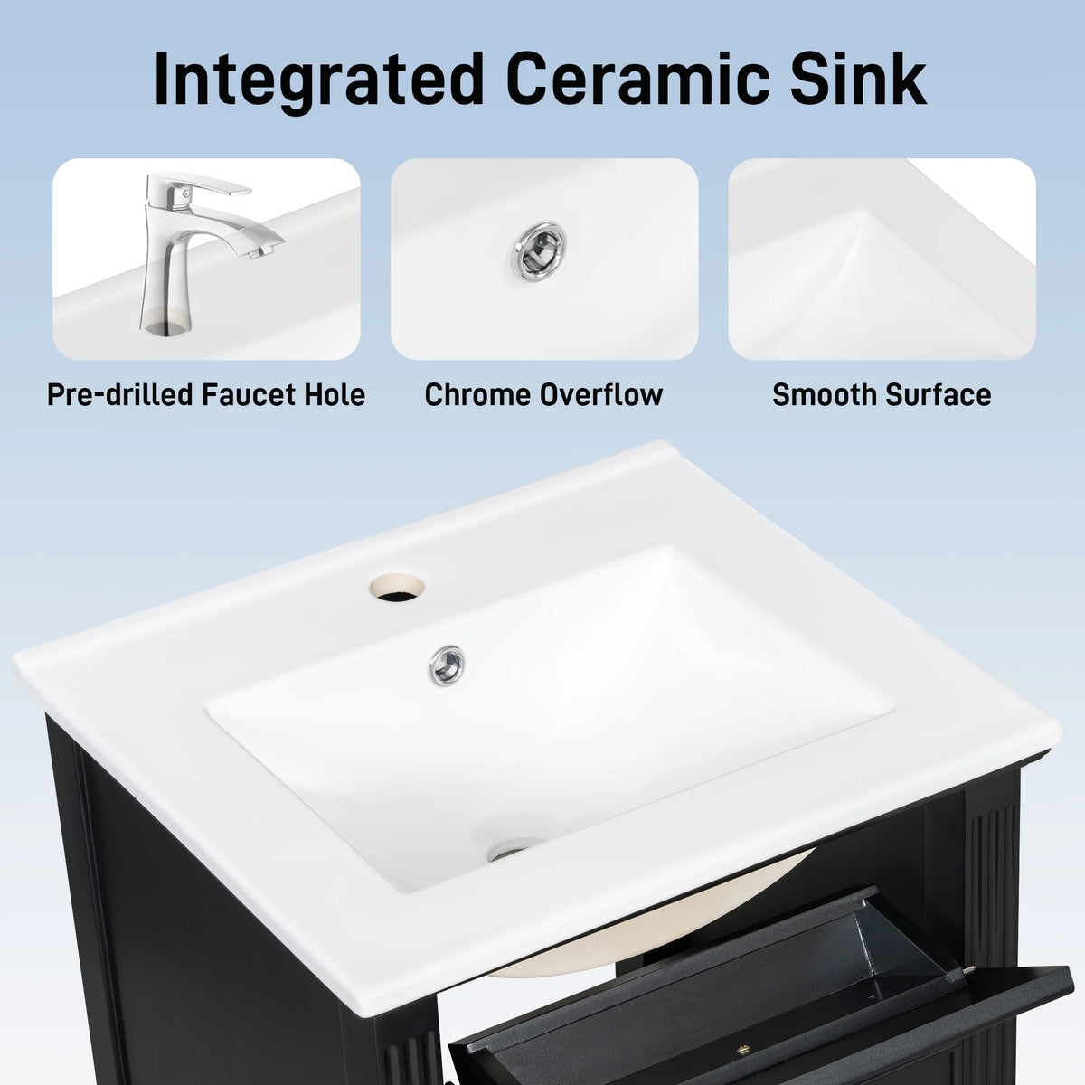 Euroco 20" Bathroom Vanity with Integrated Ceramic Sink, Soft-Close Hinges and Drawer Storage, Solid Wood Legs
