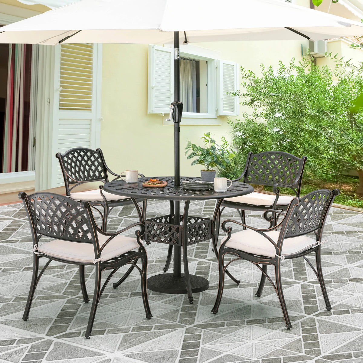 Nuu Garden 5-Piece Outdoor Bar Set, Outdoor Patio Dining Furniture Set, Round Dining Table with Umbrella Hole and Patio Dining Chairs, Bronze