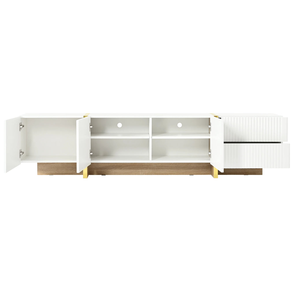 Luxury Fluted TV Stand for TVs Up to 80'', Modern Entertainment Center with Storage Cabinets & Drawers, Smooth Media Console with lden Wood Grain Legs for Living Room, White