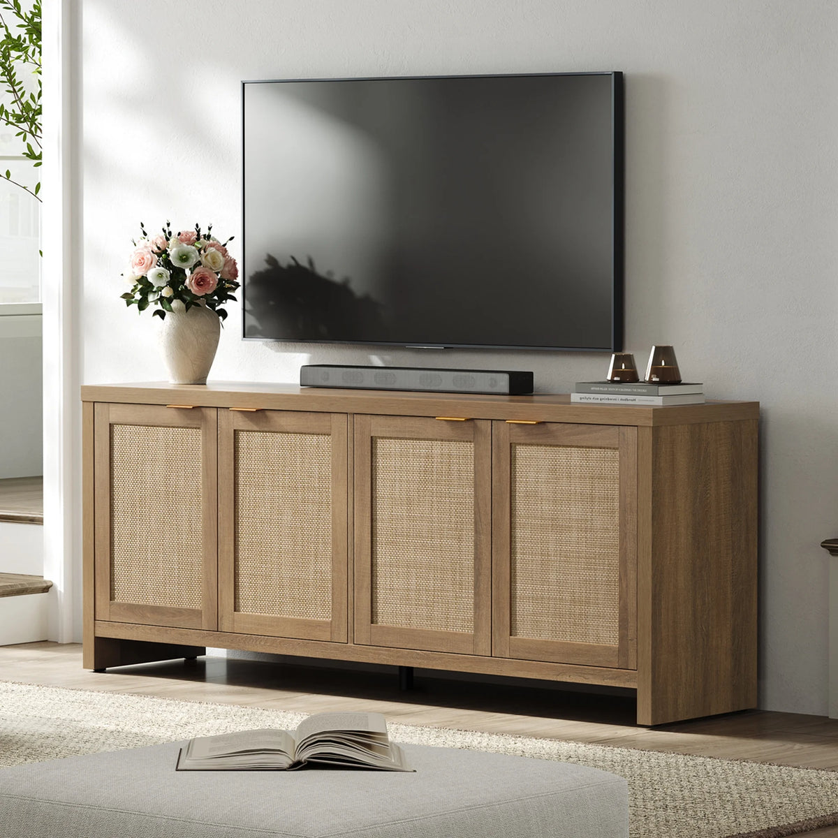 SICOTAS 61.5"W Rattan TV Stand with 4 Doors, Boho Entertainment Center with Adjustable Shelves & Spacious Countertop Large Boho Farmhouse Media Console for Living Room, Reclaimed Caramel Oak