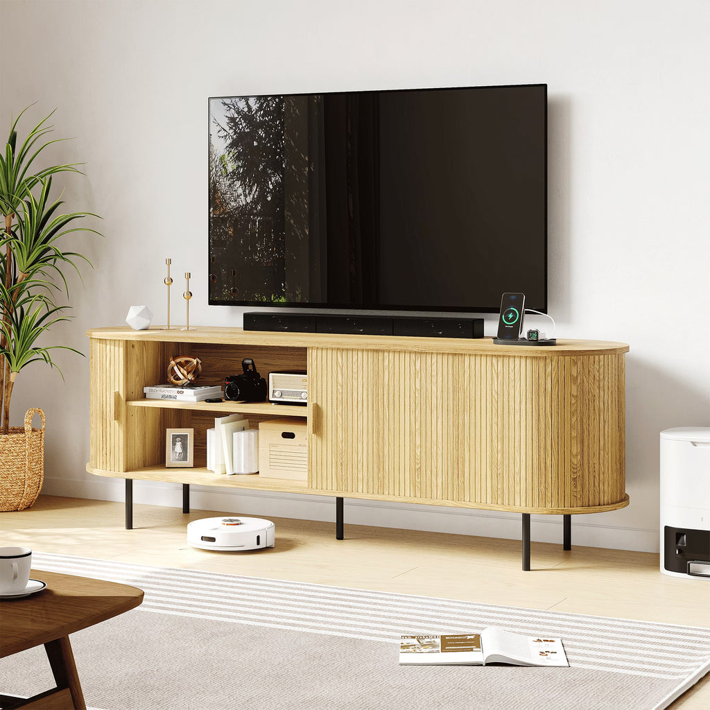 MARNUR 63" TV Stand for 70" TV, Wood Entertainment Center with Storage and Shelves, 2 Sliding Tambour Doors, Mid-Century Modern, Walnut
