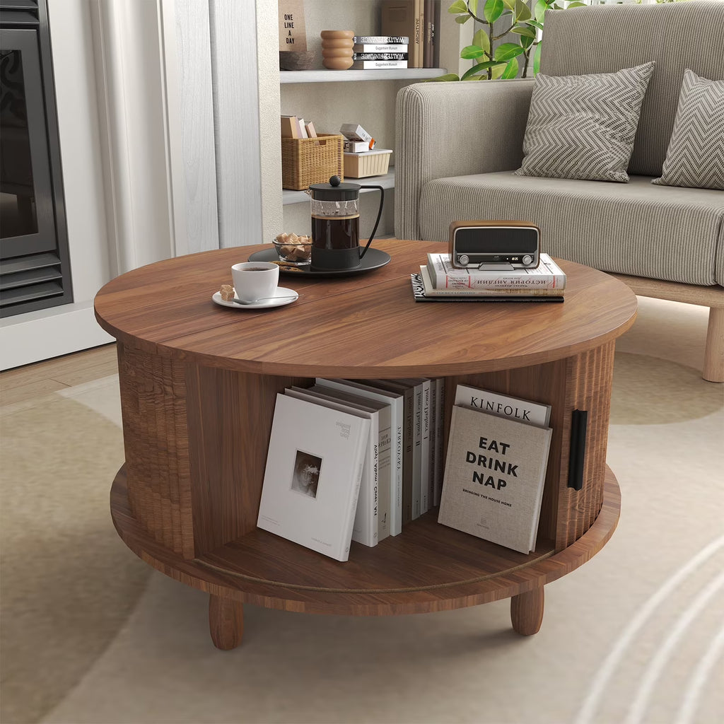 RUMLIVE Round Coffee Table with Storage, 30.7" Modern Coffee Table with 360 Curved Sliding Door, Fluted Wood Coffee Table with Footpads, Round Center Table for Living Room, Black