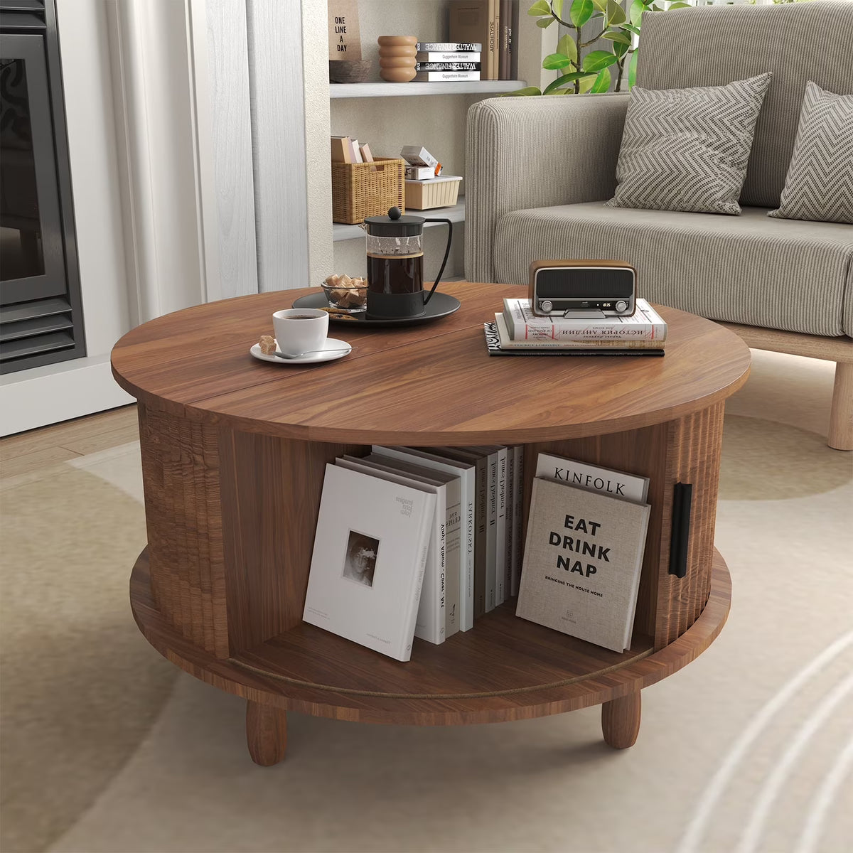 RUMLIVE Round Coffee Table with Storage, 30.7" Modern Coffee Table with 360 Curved Sliding Door, Fluted Wood Coffee Table with Footpads, Round Center Table for Living Room, Black