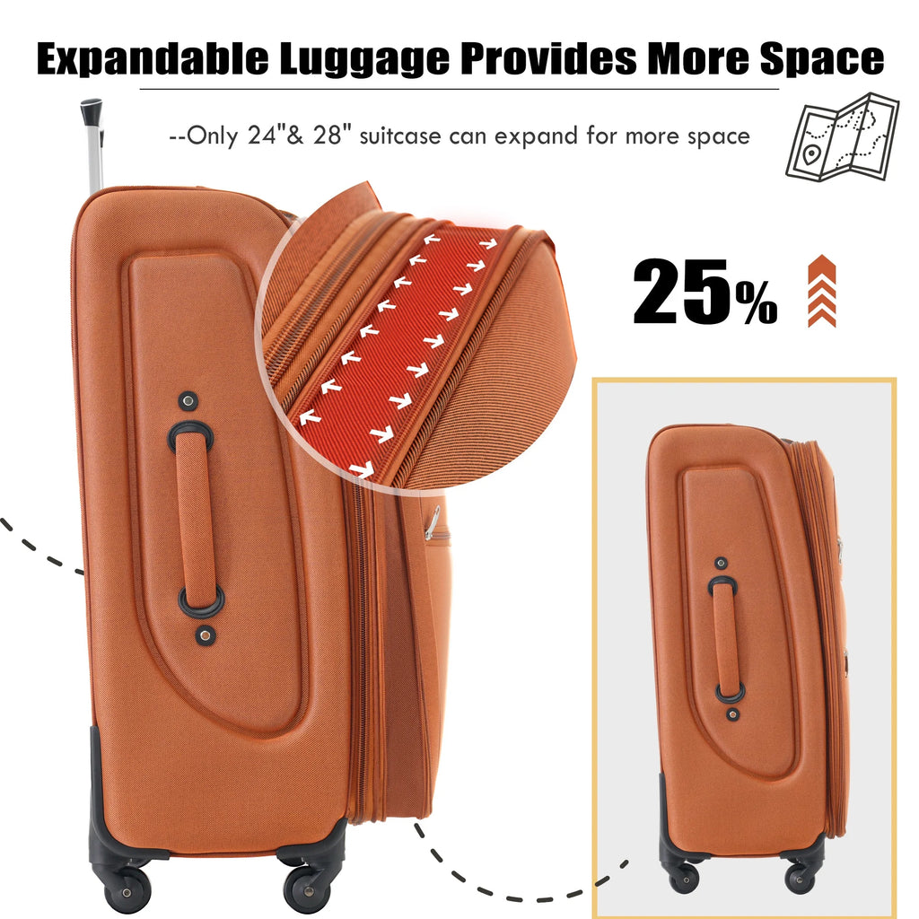 EUROCO 3 Piece Softside Luggage Set,Expandable Suitcase Set with TSA Lock and Spinner Wheels,Lightweight Suitcase for Men Women(20",24",28"),Black