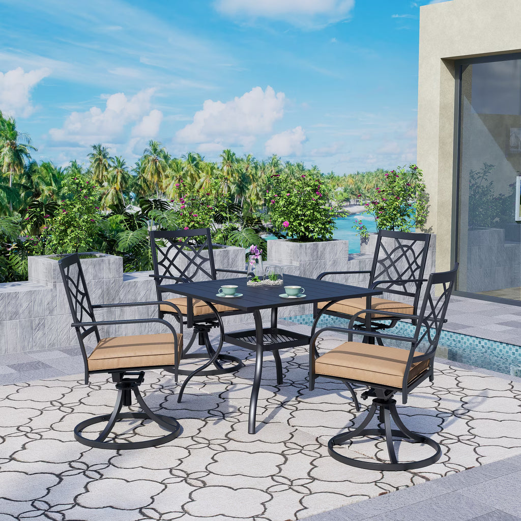 SUNCROWN 5-Piece Outdoor Wrought Iron Chairs and Table Patio Dining Furniture Set - 4 Stackable Metal Chairs, 1 Steel Slat Bistro Table and 1 Sky Blue 9Ft Patio Umbrella for Garden Backyard Deck