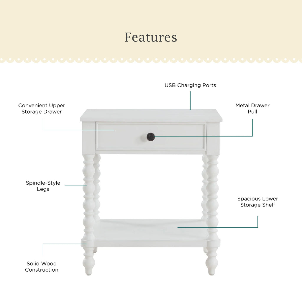 Pioneer Woman Harper Spindle Nightstand with USB Charging Ports, Adults and Teens, White Finish