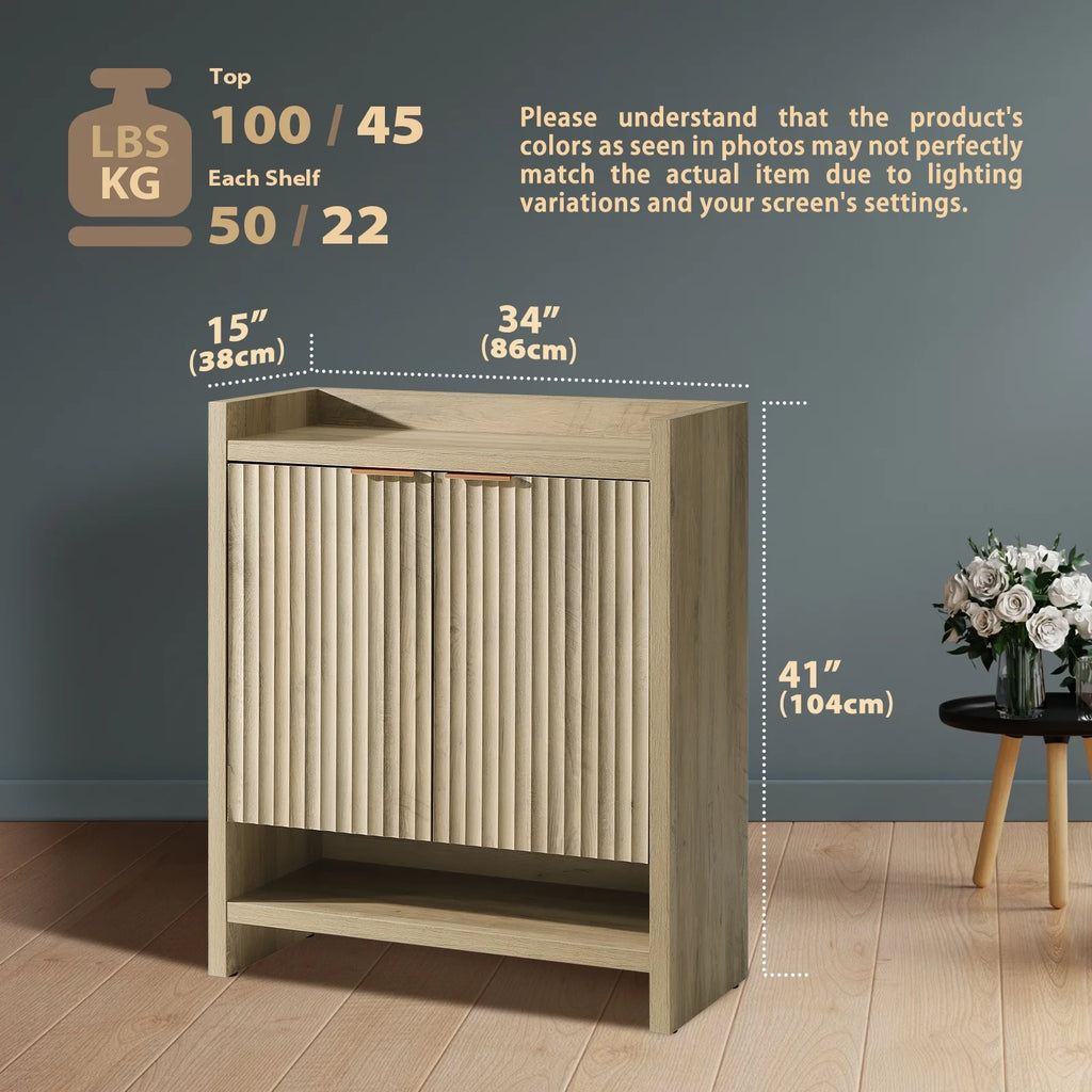 ARKANTOS Fluted Shoe Cabinet 3 Level Adjustable Shelf and 2 Doors Light Gray Oak