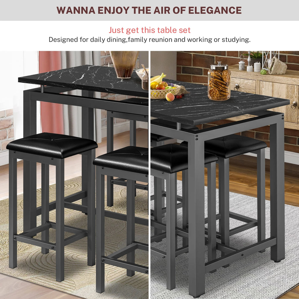 5 Piece Dining Set, Modern Dining Table and Chairs Set for 4, Counter Height Bar Table Set, Modern Pub Table with 4 Velvet Fabric Cushioned Stools, Faux Marble Dining Table & Stools Set, D9297