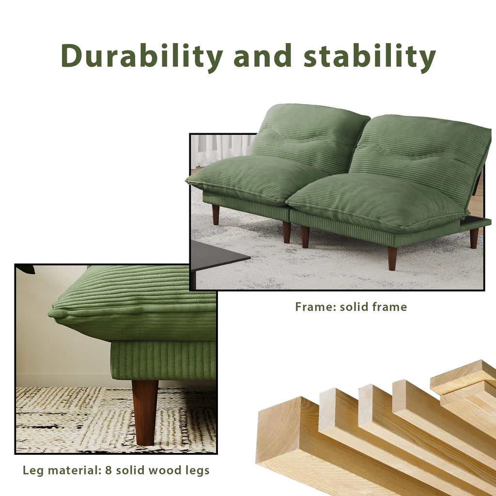 75" 4-in-1 Corduroy Futon Couch - Convertible to Lounger, Tatami & 2 Chairs, 3-Angle Adjustable Backrest, Solid Wood Frame, 300 LBS Capacity,Green
