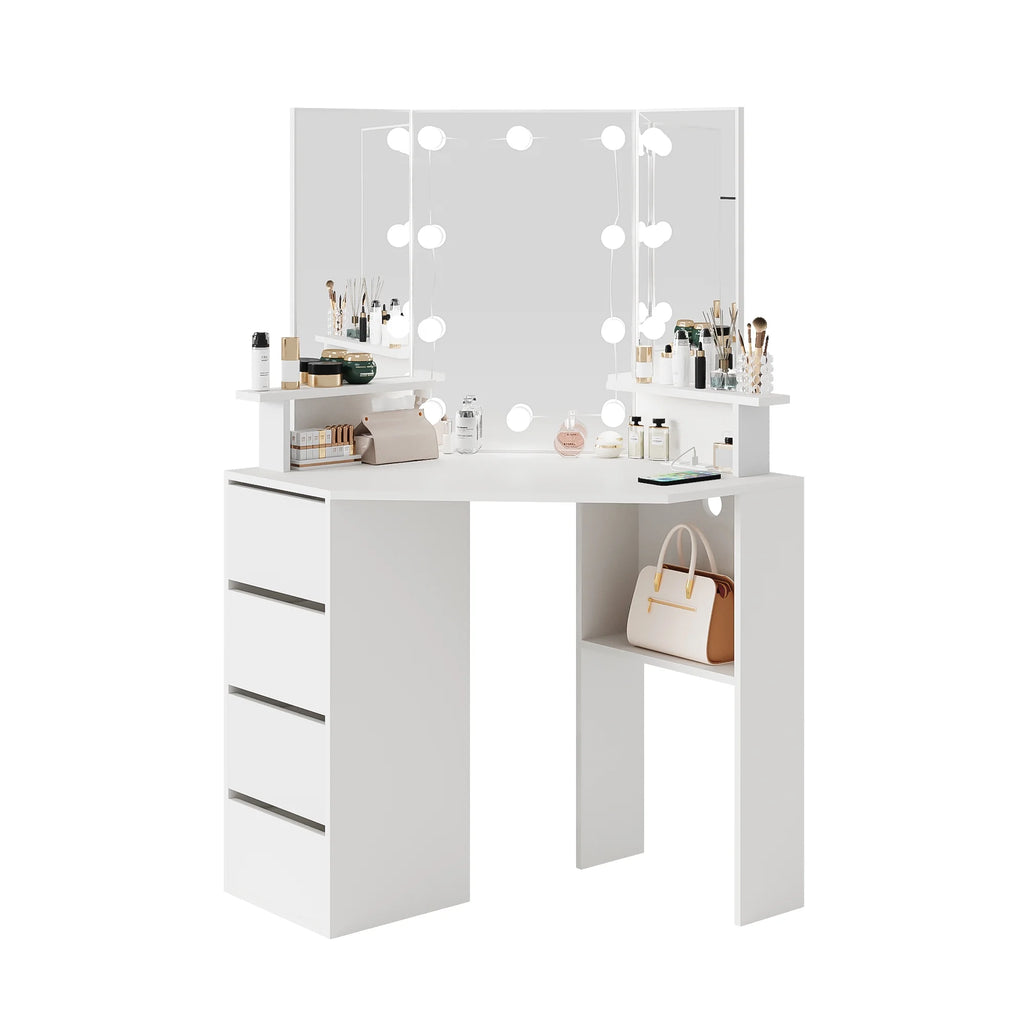 Veanerwood White Corner Vanity Desk with Mirror and Light,Makeup Table with 4 Drawers and Charging Station for Bedroom