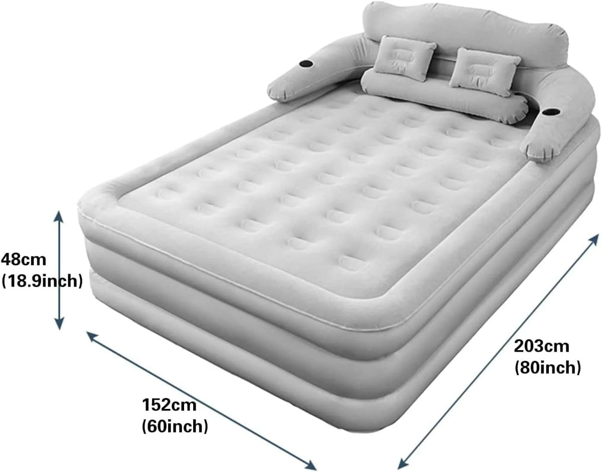 OUYI Inflatable Bed Double Leak-proof mattress with Electric Pump & Pillows Removable Backrest Multifunctional Foldable Air Sofa Guest Bed, 600lb Max(White, Queen Size)