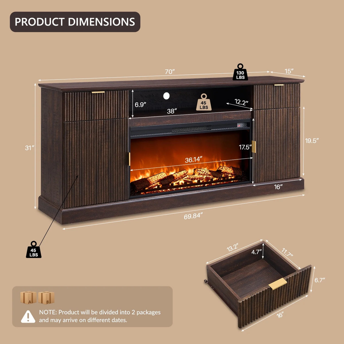 SinCiDo Fluted Fireplace TV Stand for 80 inch, Entertainment Center with 36" Electric Fireplace, 2 Drawers and Adjustable Shelves, Wood TV Stand for Living Room