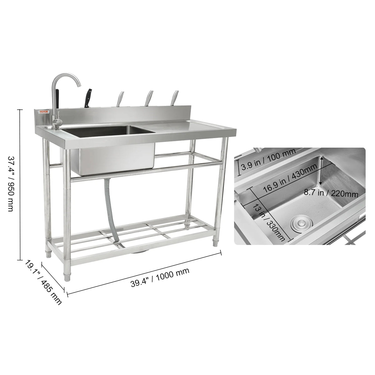 VEVOR Stainless Steel Utility Sink, 1 Compartment Free Standing Small Sink w/Workbench Faucet & legs, 39.4 x 19.1 x 37.4 in Commercial Single Bowl Sinks for Garage, Restaurant, Laundry,NSF Certified