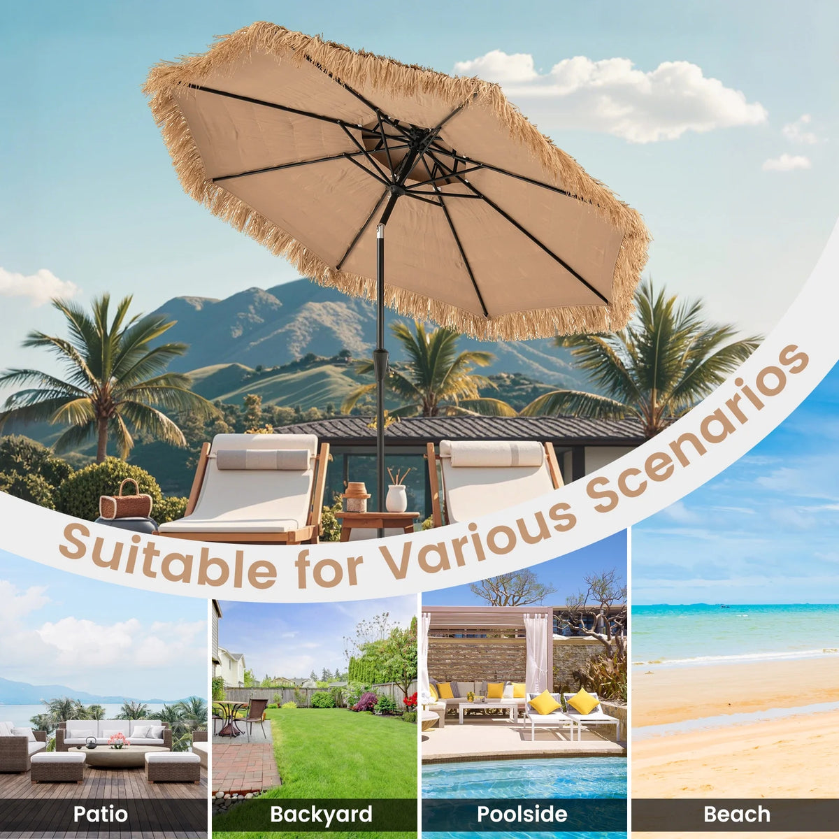 Gymax 8.8 FT Hawaiian Style Umbrella Thatched Tiki Umbrella w/8 Ribs Sun-proof Fabric