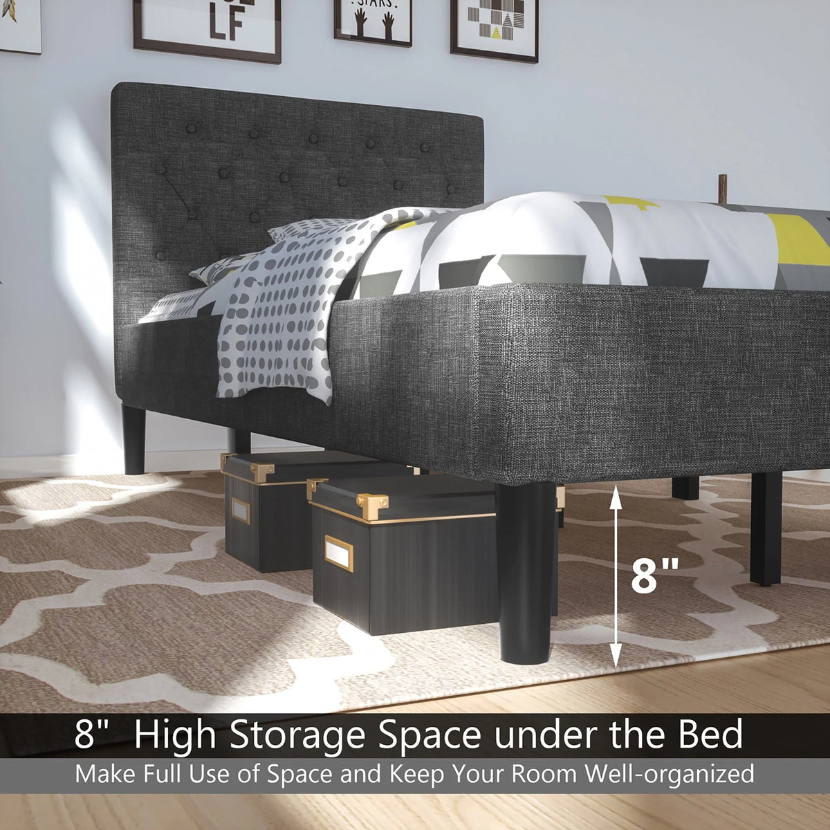 Costway Twin Upholstered Bed Frame Diamond Stitched Headboard Wood Slat Support