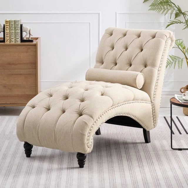 ZAFLY Chaise Lounge Indoor, Lounge Chair with Wood Legs, Leisure Accent Chair, Upholstered Lounge Couch for Bedrooom/Living Room, Beige