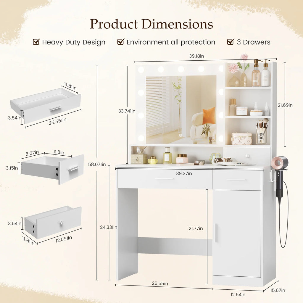 MCQ Dressing Table with Mirror and Light, Adjustable Brightness Dressing Table with Drawers and Storage Shelves, White