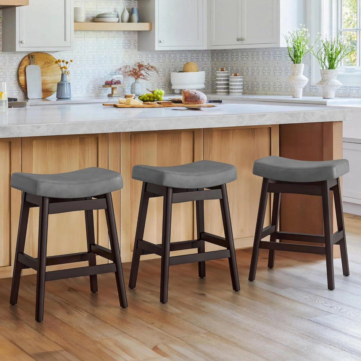Dycanpo Saddle Seat Counter Height Bar Stools Set of 3 for Kitchen, Dining, 24in, Beige-Fabric