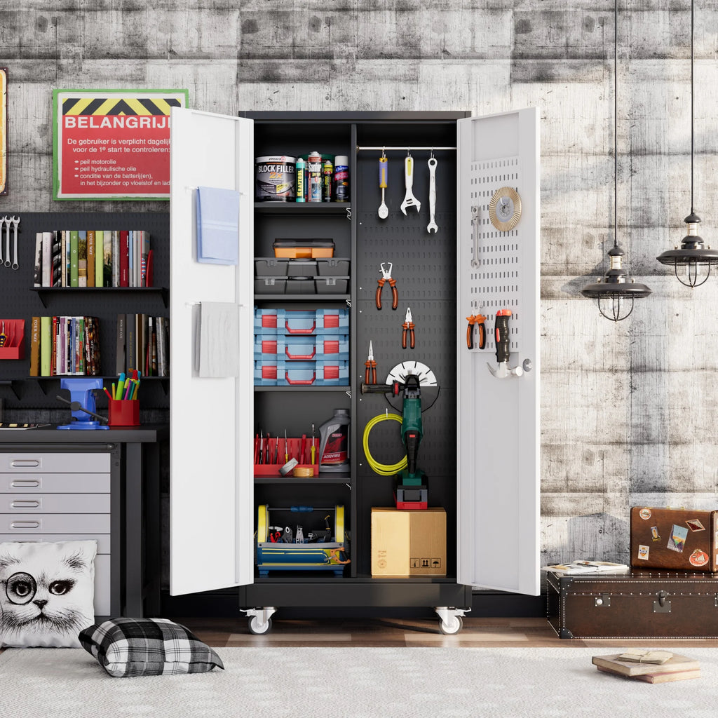 GangMei 71 Inches Tall Metal Garage Storage Cabinets with 5 Adjustable Shelves & Pegboards, Lockable Steel Black Storage Cabinet with Doors for Office, Home, School, Shops, Garage, Assembly required