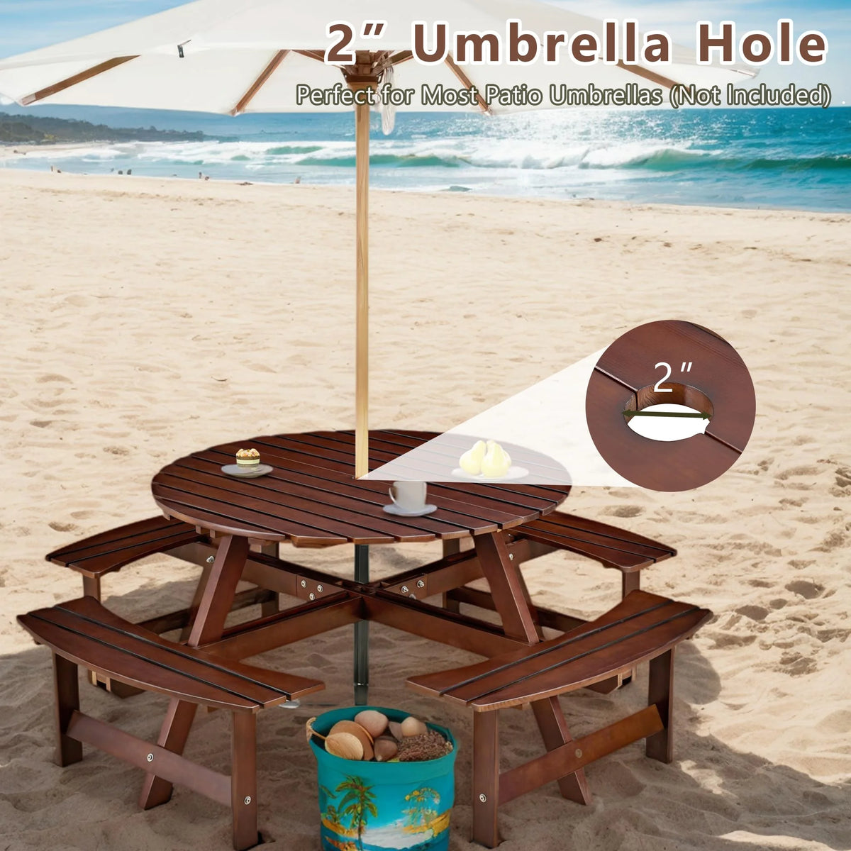 8 Person Wood Picnic Table, Outdoor Round Picnic Table with 4 Built-in Benches, Umbrella Hole, Outside Table and Bench Set for Patio, Backyard, 500lbs Capacity Per Bench