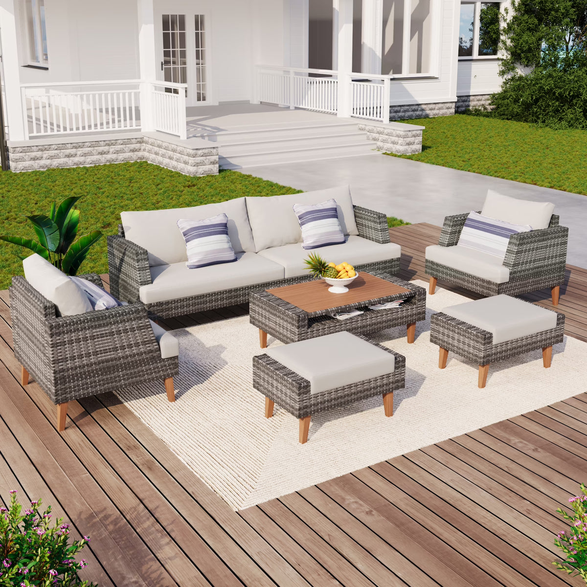 6 Pieces Wicker Patio Furniture Set Outdoor Conversation Set, All Weather PE Rattan Sectional Sofa Couch with Storage Table and Cushions, Beige