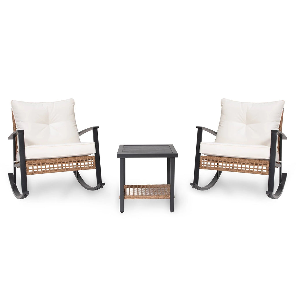 LAUSAINT HOME 3 Pieces Patio Outdoor Conversation Set with 2-Tier Coffee Table, PE Wicker and Galvanized Steel(Beige)