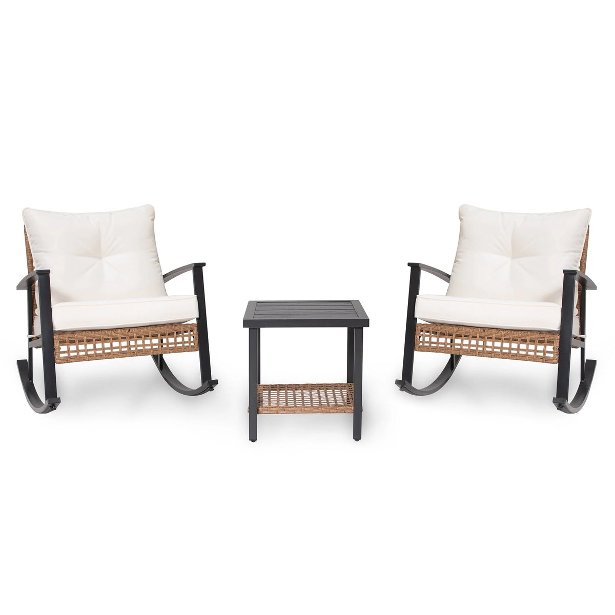 LAUSAINT HOME 3 Pieces Patio Outdoor Conversation Set with 2-Tier Coffee Table, PE Wicker and Galvanized Steel(Beige)