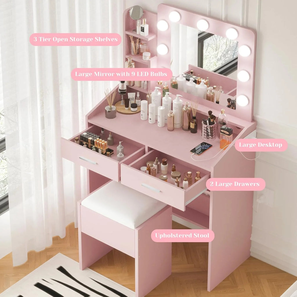 OYang Makeup Vanity with Lights, Vanity Desk with Mirror and Lights Set, Large Drawer and Two-Tier Lots Storage Cabinet, 3 Lighting Modes Adjustable Brightness