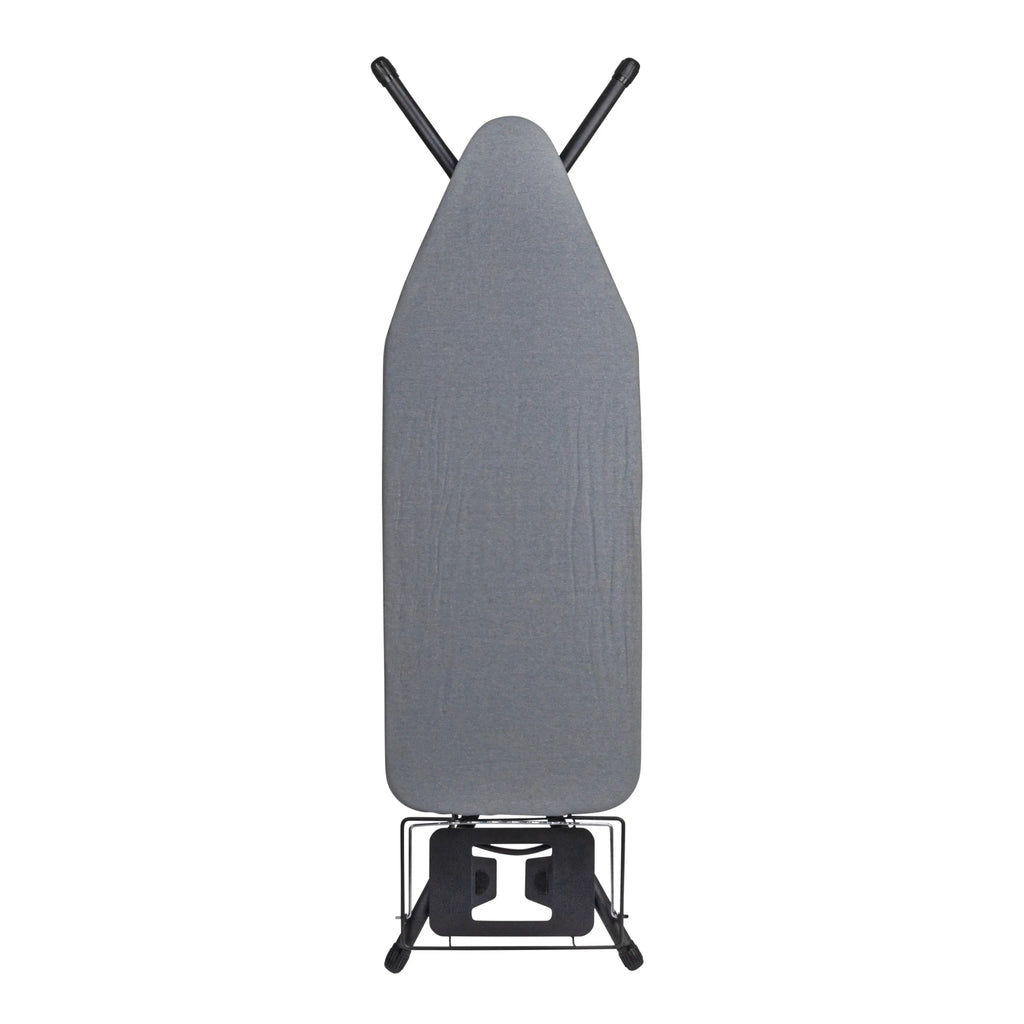 Household Essentials Wide Mega Ironing Board 4-Leg, Steel Top Pressing Station, Heat-Resistant Fiber Pad and Cotton Cover, Includes Sleeve Board and Iron Rest with Hanger Bar, Silver Frame