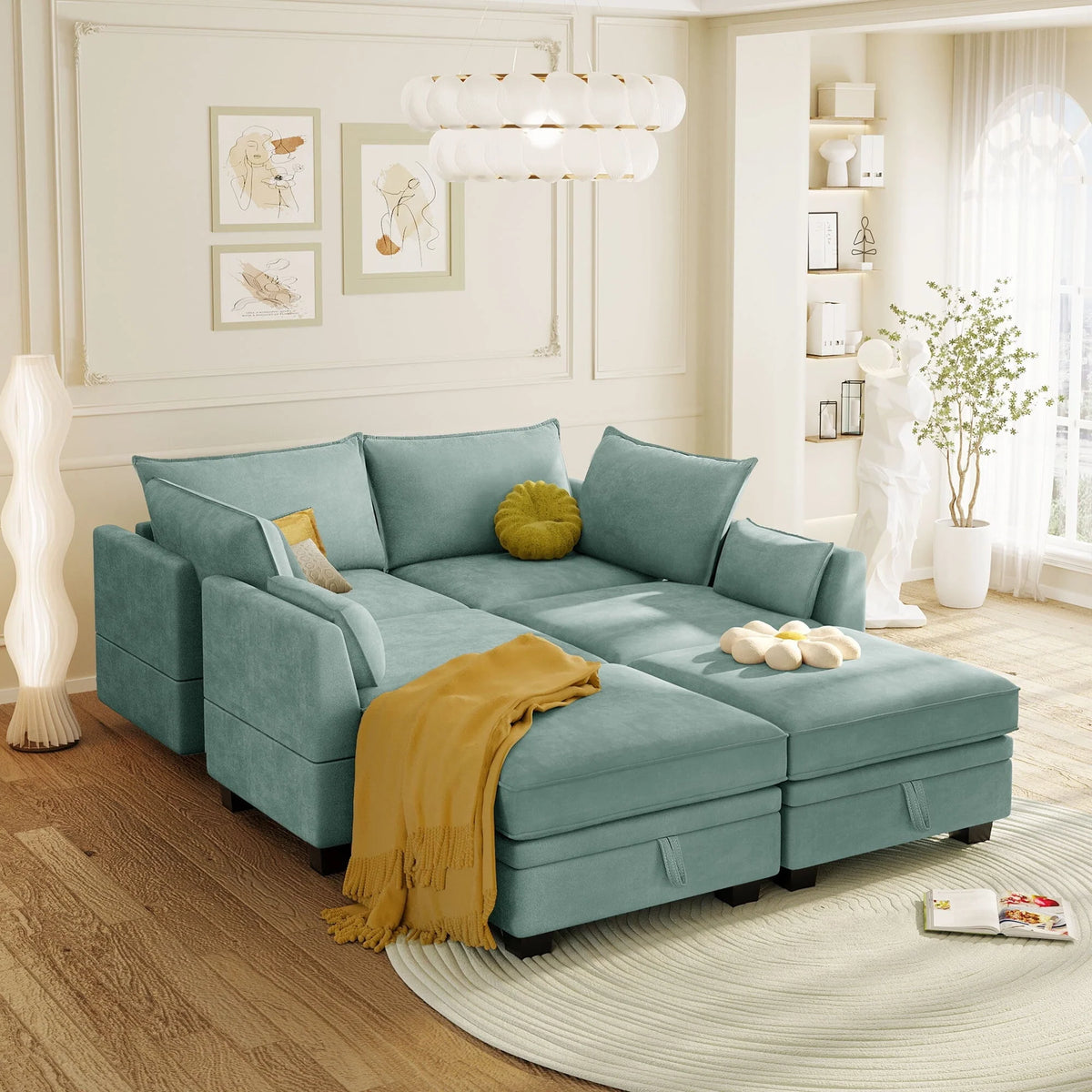 Euroco Large U-Shaped Sectional Sofa 6 Seat Convertible Sofa with Storage Seat, Modular Sofa with 2 Stools, Green