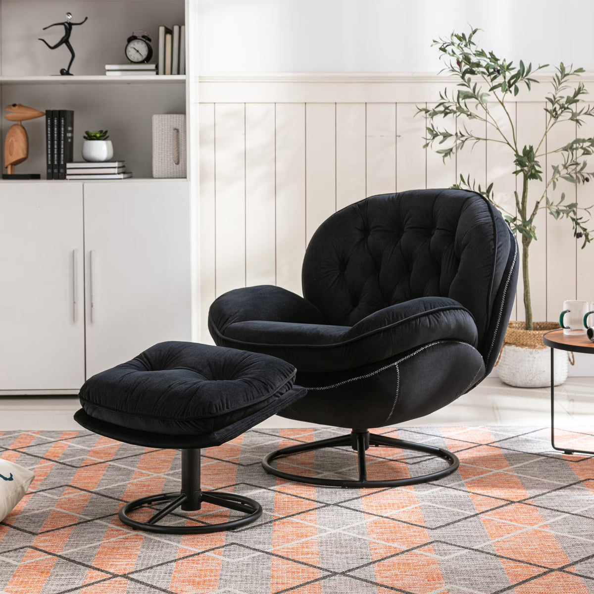 Velvet Swivel Accent Chair with Ottoman, Modern Chaise Lounge Chair with Metal Frame and Footstool, Comfy Armchair Reading Chair for Living Room Bedroom Office,Blue