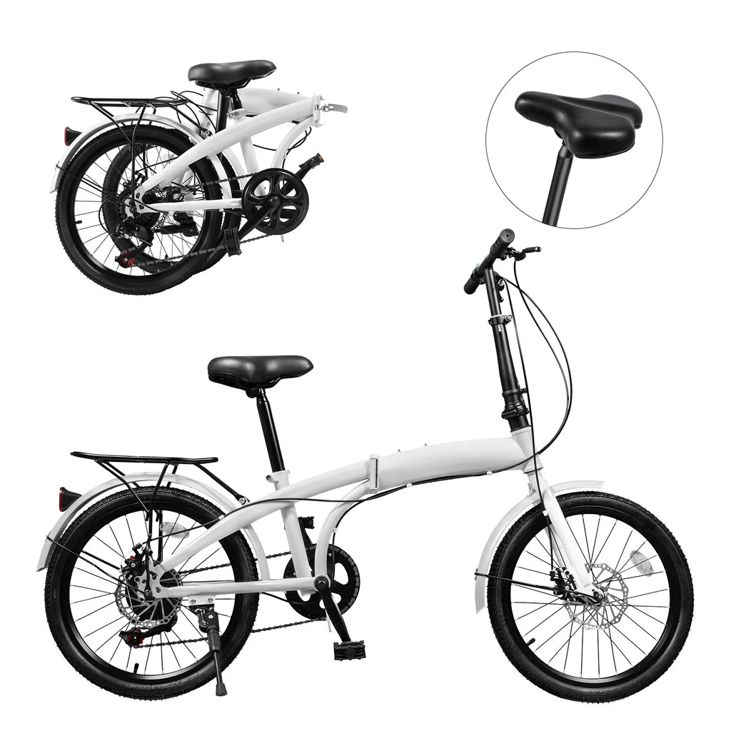 LOYALHEARTDY 20" Folding Bike 7-Speed Unisex Mountain Bicycle Adjustable Height MTB City Bike for Adult Teenager High Carbon Steel Foldable Bicycle for Riding Traveling w/Dual Disc Brakes & Fender