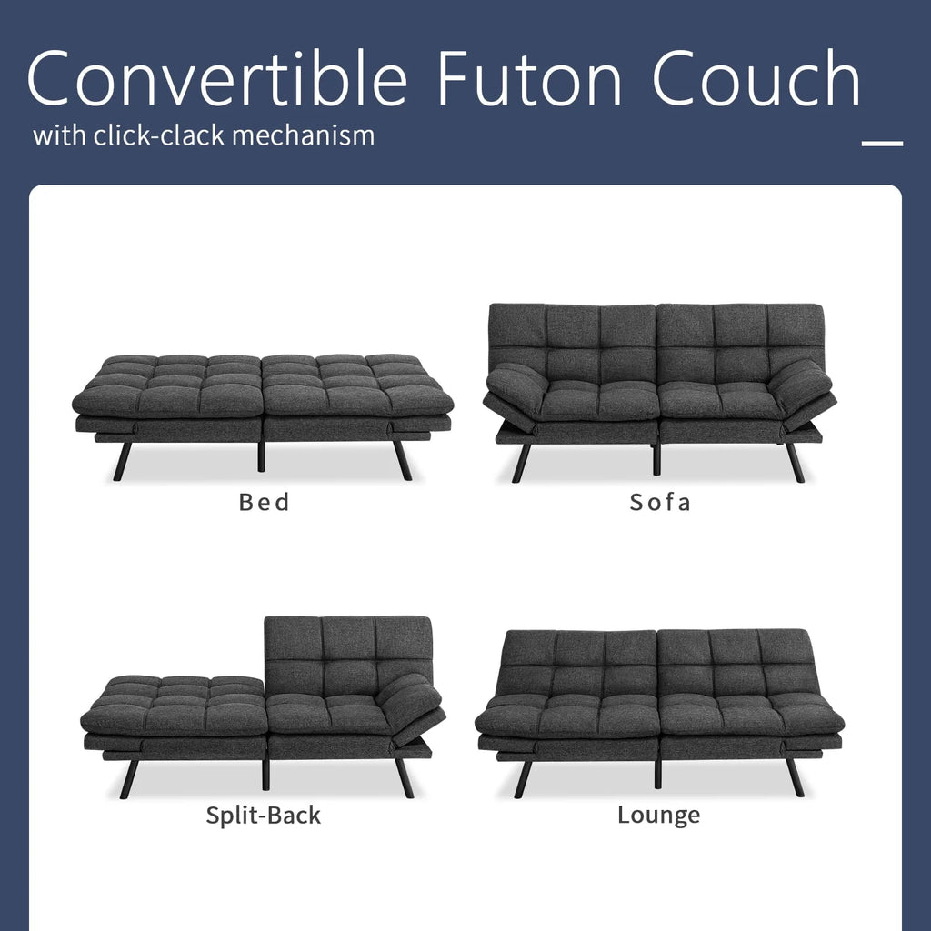 Convertible Memory Foam Futon Sofa Bed with Adjustable Armrests and Backrest,Gray