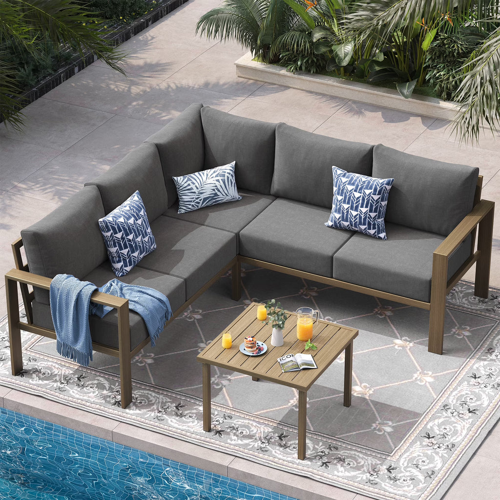 ELPOSUN 6 Pieces Patio Furniture Sets with 6" Thick Olefin Cushions, Metal Outdoor Sectional Furniture L Shape Patio Conversation Sets for Garden, Backyard Beige