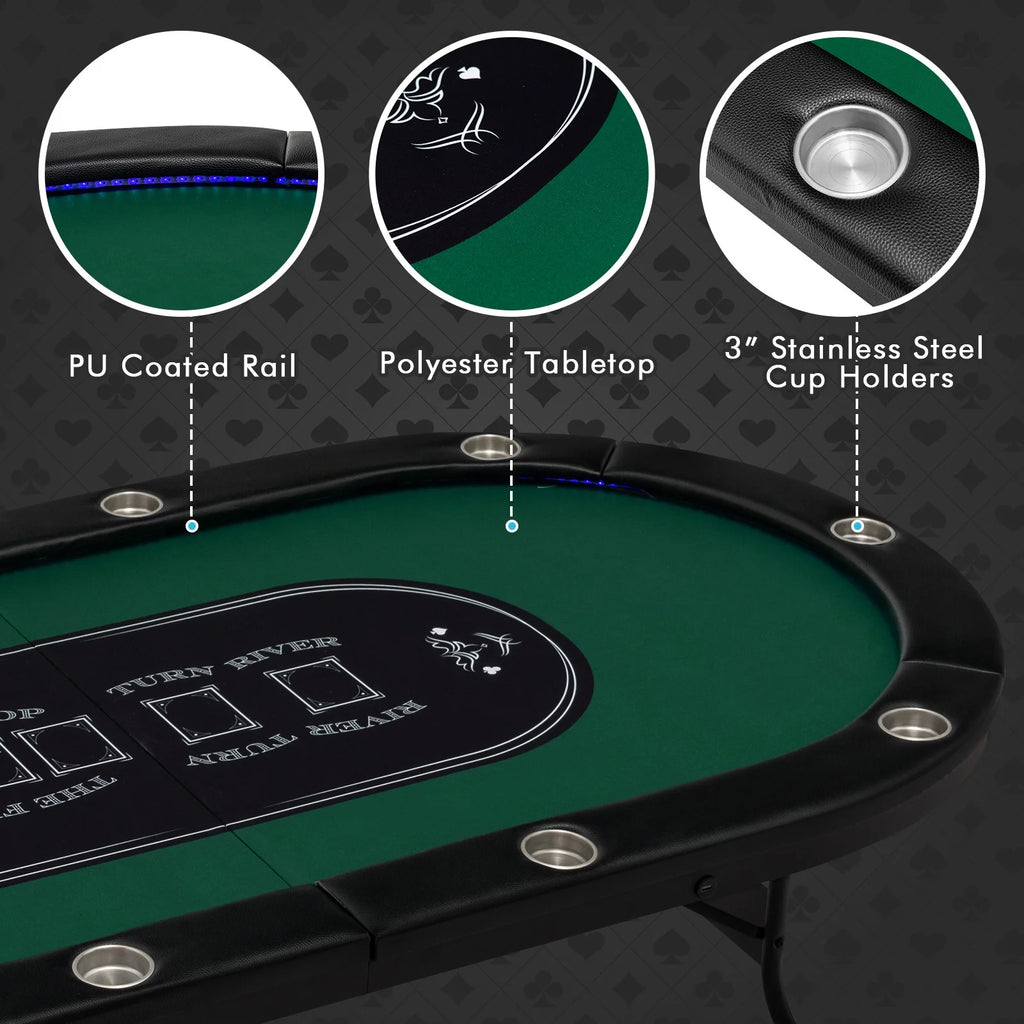 Costway Foldable, USB Ports, Led Lights 10 Player Poker Table, Blue/Black