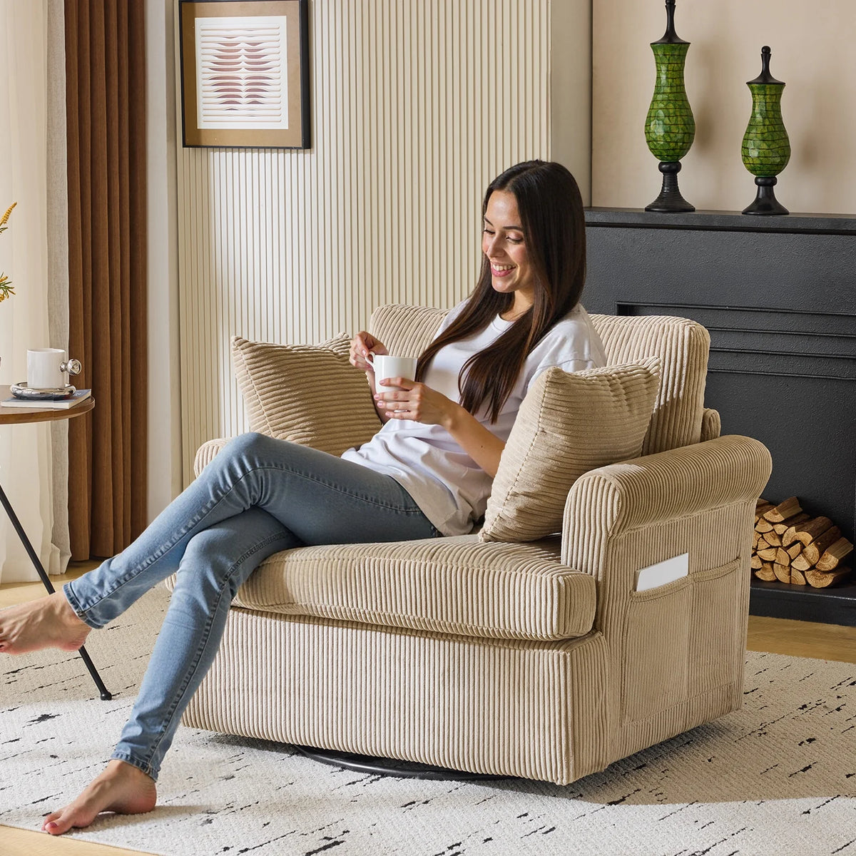 Ktaxon Swivel Accent Chair, 360-Degree Rotation Reading Chair, Corduroy Fabric Sofa with Armrest Pockets, Solid Metal Base, Perfect for Living Room Bedroom Black