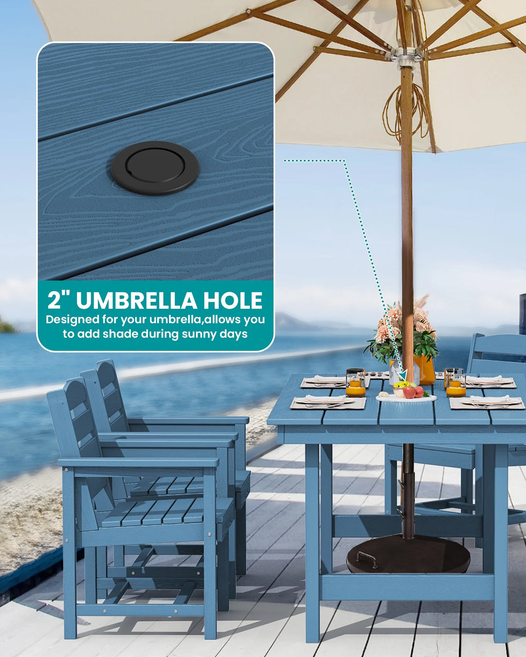 SERWALL Outdoor HDPE Dining Table Set, 7-Piece Outdoor Dining Table Sets with Umbrella Hole, Grey