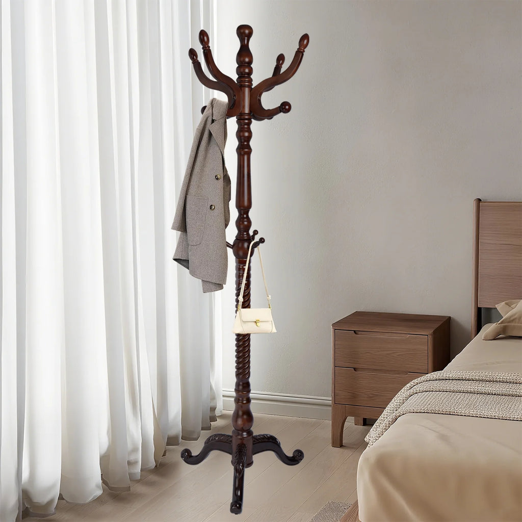 Coat Rack Freestanding, Hall Tree with 11 Hooks, Heavy Duty Wooden Coat Tree Stand, Adjustable Height, Sturdy Base for Bedroom Hallway Office - Load 270lbs
