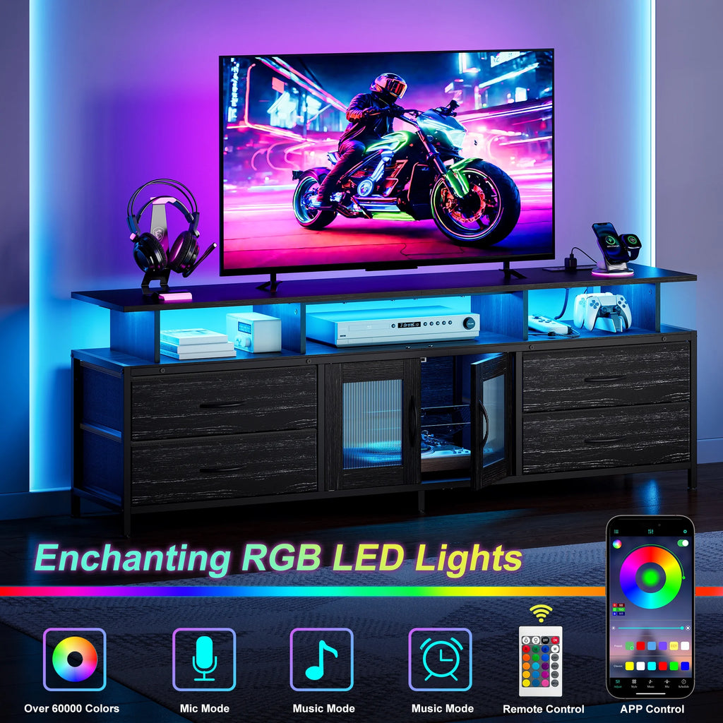 GUNAITO TV Stand for TV up to 70", Big TV Stand for Living Room Entertainment Center with LED Lights and 4 Fabric Drawers , Black