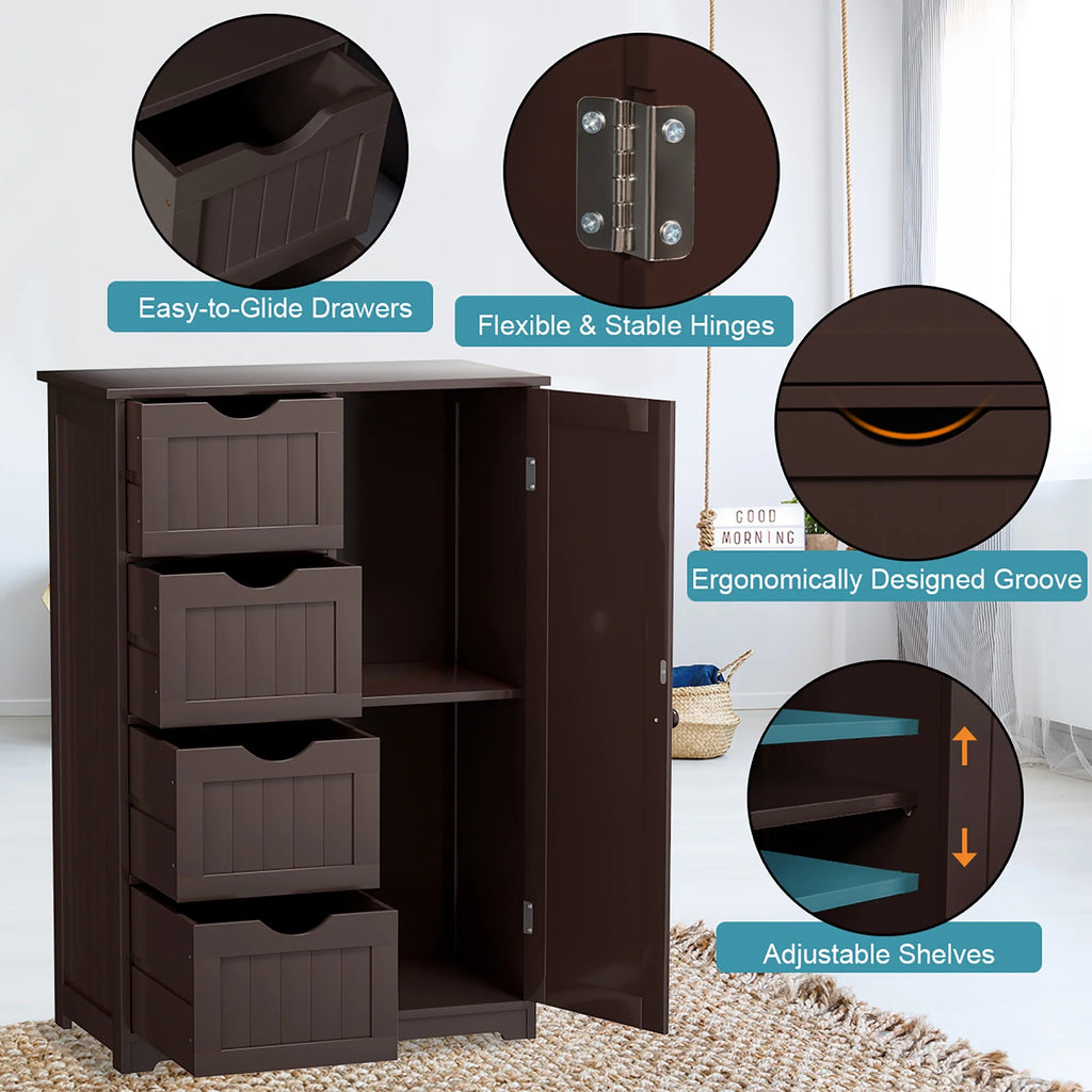 Bathroom Storage Wooden 4 Drawer Cabinet Cupboard 2 Shelves Free Standing White