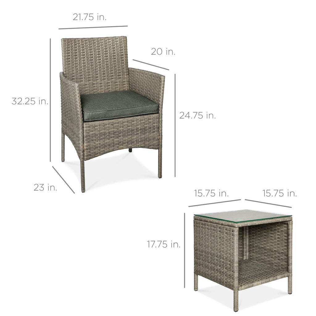 Best Choice Products 3-Piece Outdoor Wicker Conversation Patio Bistro Set, w/ 2 Chairs, Table - Gray/Navy