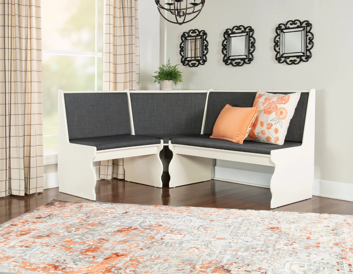 Linon Weston Corner Dining Breakfast Nook with Table and Bench, Seats 5-6, White Finish with Charcoal Fabric